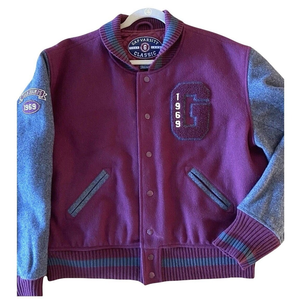 GAP Varsity Classic Wool Letterman Jacket XL Burgundy Gray Quilted Snap Front
